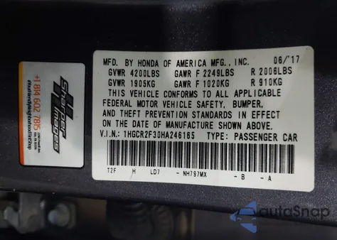 2017 Honda Accord Lx from USA, damaged, VIN 1HGCR2F30HA246165